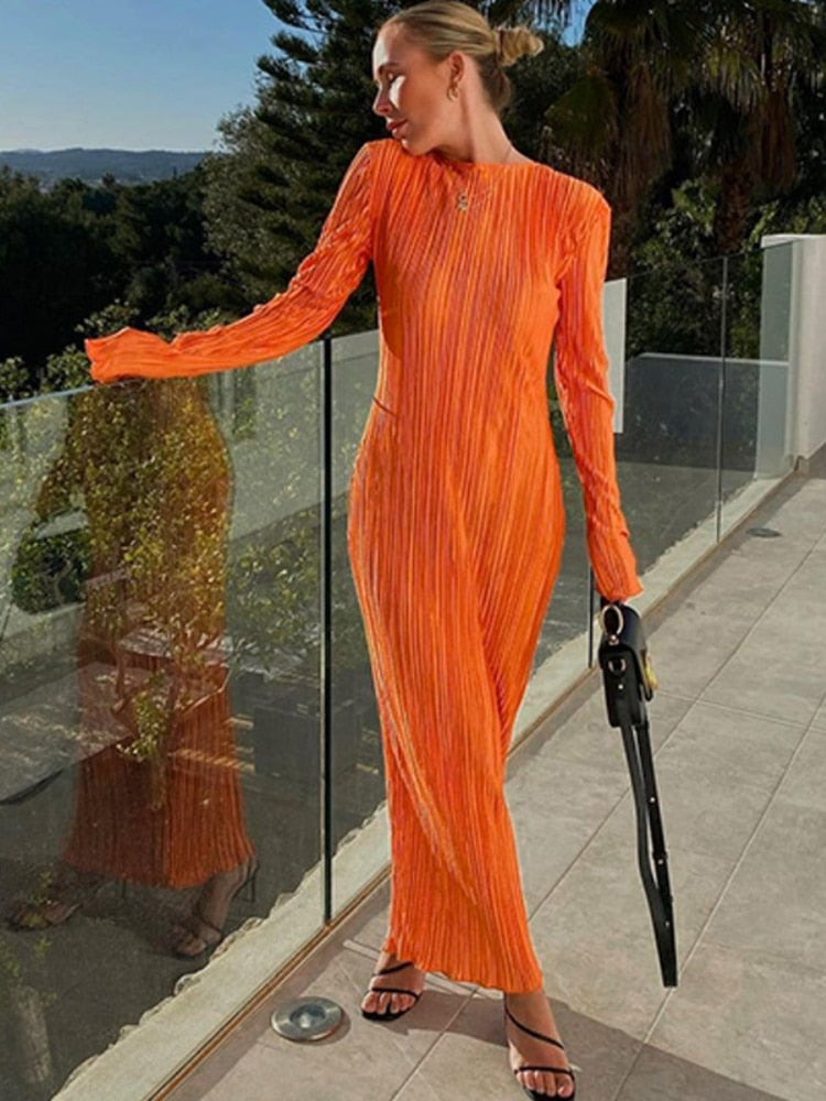 Elegant Bodycon Dress for Women Solid O Neck Flare Sleeves Long Summer Dresses Holiday Vestidos Black Red Orange
