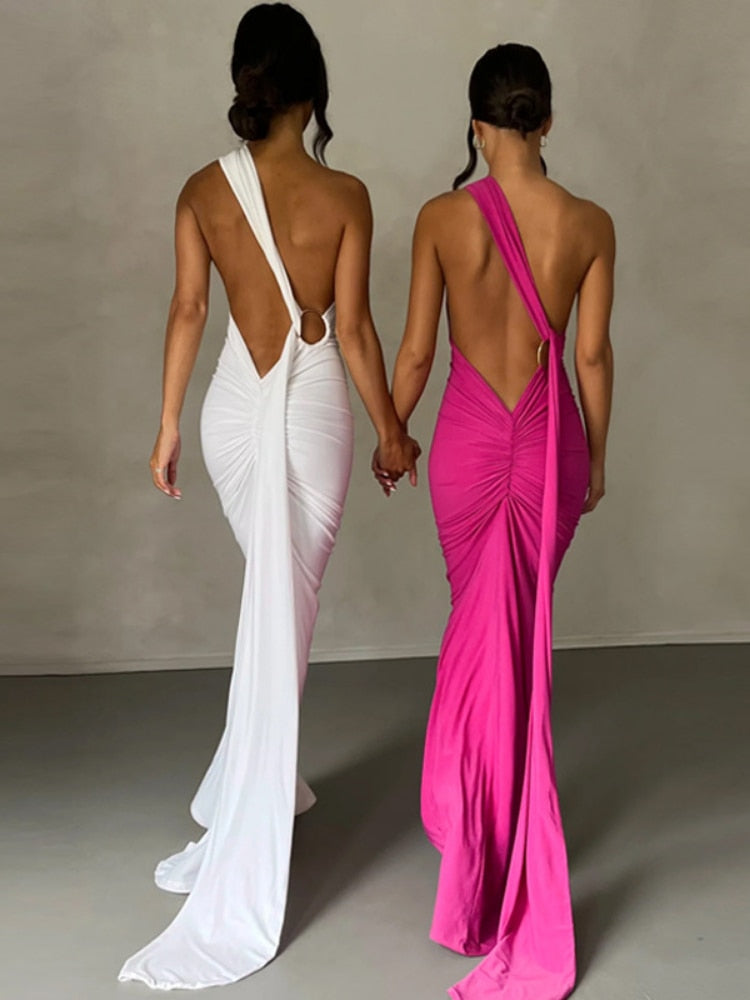 Backless Sexy Maxi Dresses for Women Diagonal Collar Pleated Bandage Dress Elegant Party Evening Bodycon Dress y2k