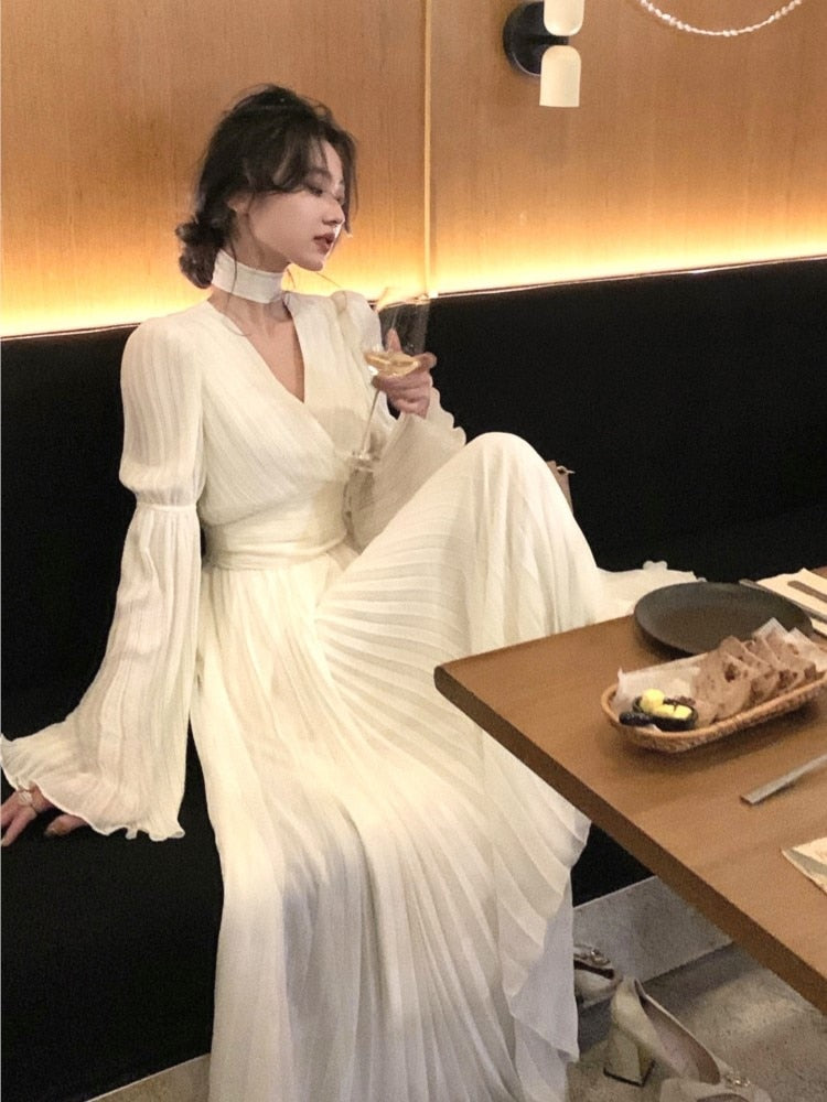 Women's French Elegant Ruffle Irregular Long Dress  Korean Fashion Fairy Pleated Party Evening One Piece Dress Spring
