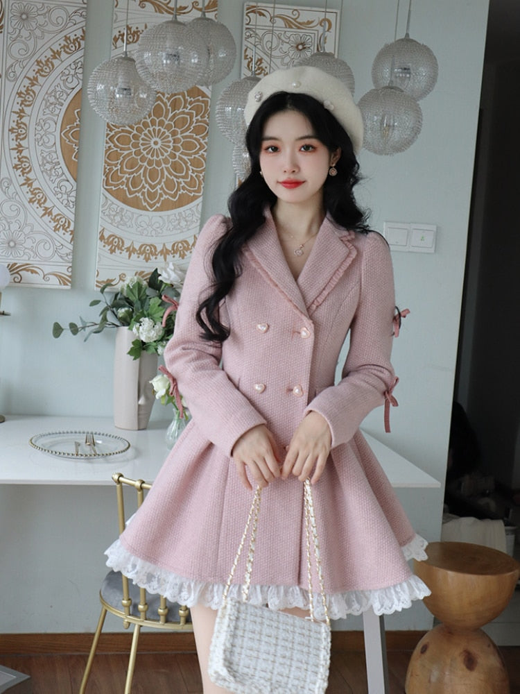 Warm Winter Pink Sweet Elegant Dress Women Lace Korean Style Party Mini Dress Female Long Sleeve France Vintage Cute Dress Coat