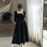 Black Hepburn Dress Women's  High Waist Thin French Square Collar Long Sleeve Little Black Vestidos Elegantes Para Mujer