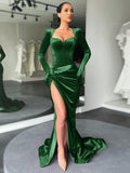 Elegant Padded Slit Evening Club Gown For Women Gloves Sleeve Velvet Long Dress Outfits Sexy Maxi Dresses Ruched Dresses