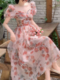 Darianrojas Vintage Floral Midi Dress Beach Style Summer Short Sleeve Elegant Dress Woman Boho Casual One Piece Dress Korean Fashion