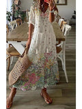 Long Dress Women Summer Vintage Floral Print V Neck Half Sleeve Dresses Female Casual Drawstring Loose Beach Dress