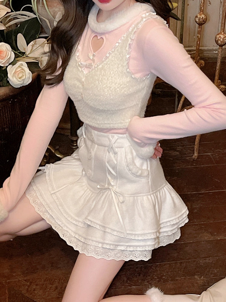 Japanese Kawaii Lolita Mini Skirt Women Winter Lace Casual Elegant Sweet Female Skirt High Waist Bandage Korean Skirt