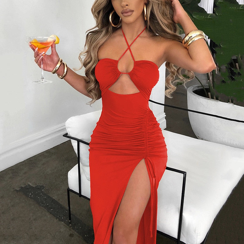 Women Sleeveless Club Party Bodycon Dresses Summer Backless Hollow Out Halter Sexy Long Dress