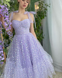 Sevintage Lavender Hearty Tulle Prom Dresses Sweetheart Spaghetti Straps A-Line Wedding Party Dresses Tea-Length Evening Gown