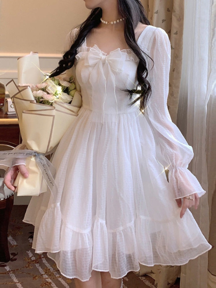 Darianrojas White Kawaii Dress Women Chiffon Lolita Style Long Sleeve Mini Dresses Bow Fairy Robe Ruffles Patchwork Square Collar