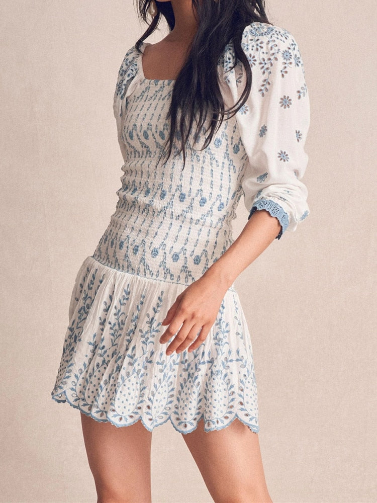 Romantic Puff Sleeve Embroidery White Blue Floral Body Elastic Ruched Mini Dress Woman Low Waist Ruffles Hem Holiday Robe