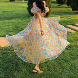 Darianrojas Pastoral Floral Dress Women French Elegant Square Neck Puff Sleeves Sling Dress Spring and Summer New Sweet Long Halter Dress