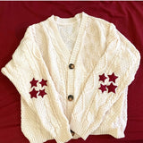 S-2XL Women Casual Tay Red Star Beige Lor Loose Embroidered Knitted Cardigan Warm Swif T Button Long Sleeves Sweater Cardigans