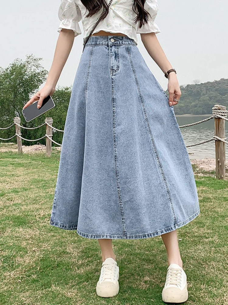 Women's A-Line Skirts Streetwear Loose Casual Jeans Summer Korean Style High Waist Sexy Split Classic Vintage Skirt
