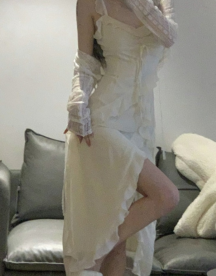 Darianrojas Fairy 2 Piece Dress Set Woman Casual Long Sleeve Crop Tops + Elegant Solid Strap Midi Dress Party Korea Fashion Suit Summer