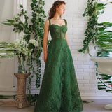 Darianrojas Green Lace Long Prom Dresses Sweetheart Spaghetti Straps Flowers A-Line Evening Gowns Formal Party Dress