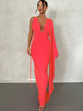 Rose Red Backless Maxi Dress Women Sexy Ruched Evening Party Dresses Fashion Elegant One Shoulder  Slim Long Summer Dress