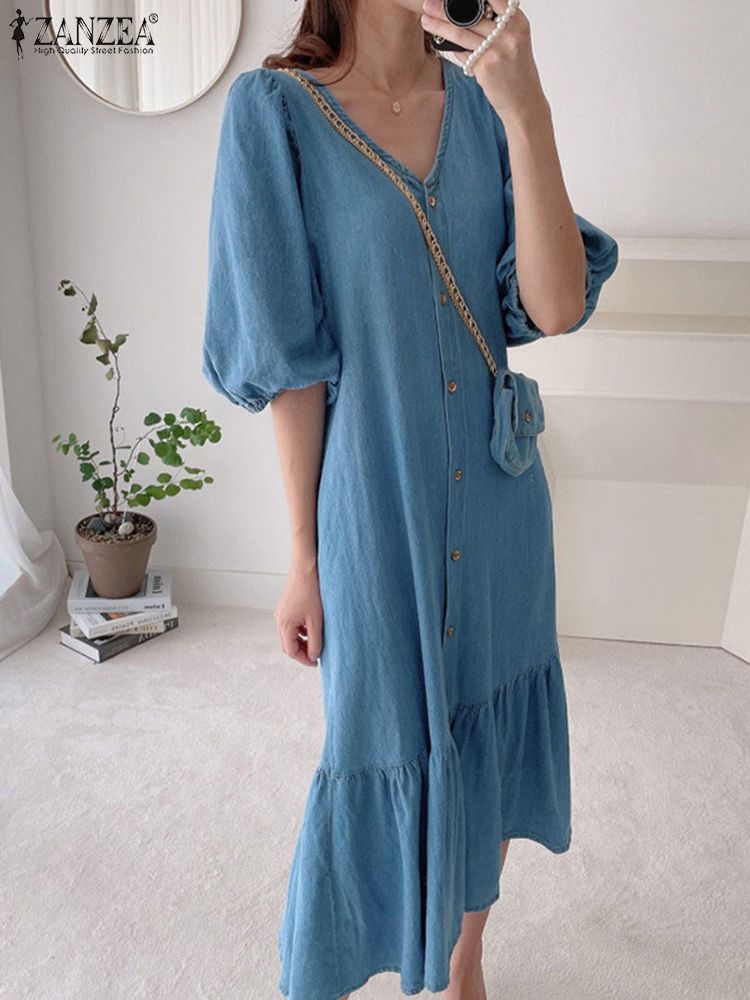 Vintage Denim Blue Women Shirt Ruffle Dress ZANZEA Summer Fashion Short Sleeve Maxi Robe Oversized Casual V Neck A Line Sundress