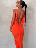 Orange Backless Maxi Dress Women Elegant Fashion Ruffles Bodycon Evening Party Dress Sexy Strap Ruched Birthday Club Outfit