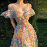 Darianrojas Pastoral Floral Dress Women French Elegant Square Neck Puff Sleeves Sling Dress Spring and Summer New Sweet Long Halter Dress