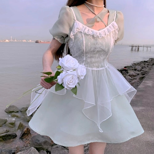 Summer Green Sweet Elegant Fairy Dress Lace France Vintage Party Mini Dresses Women Chiffon Casual Korean Style Retro Dress