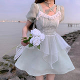 Summer Green Sweet Elegant Fairy Dress Lace France Vintage Party Dresses Women Chiffon Casual Korean Style Retro Dress