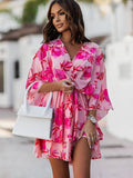 Women Batwing Sleeve Mini Dress Sexy V Neck Boho Floral Print High Waist Loose Dresses Summer Beach Holiday Robe Dress Vestidos