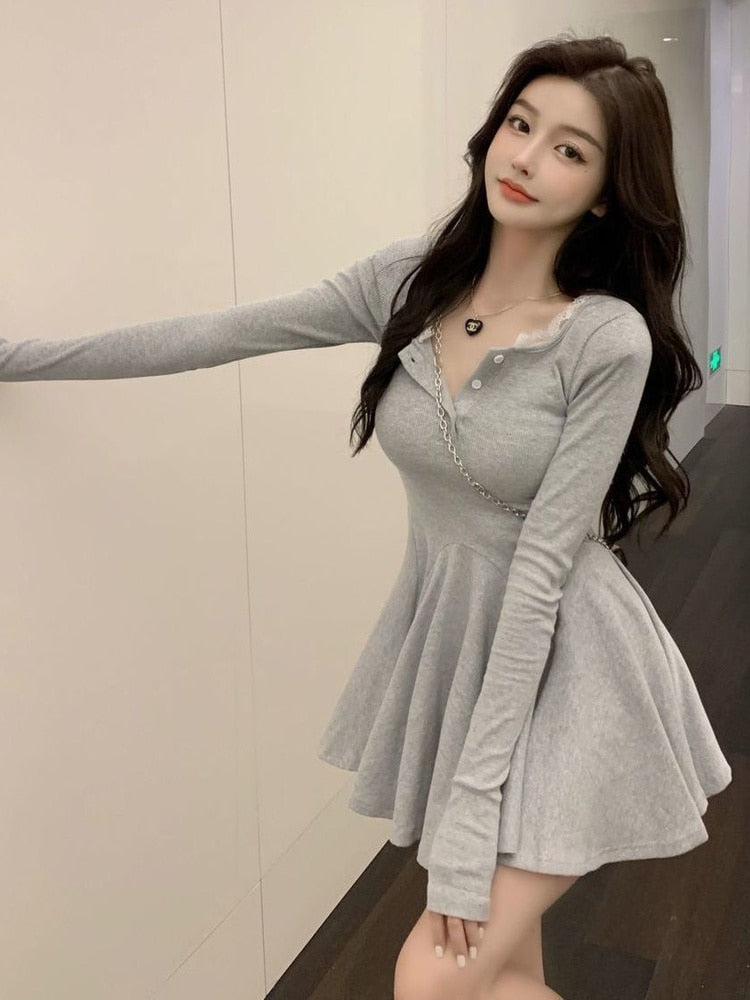 Knitted Black Wrap Dress Women Korean Style Bodycon Lace Long Sleeve Short Dresses  Autumn Kpop Outfits Solid