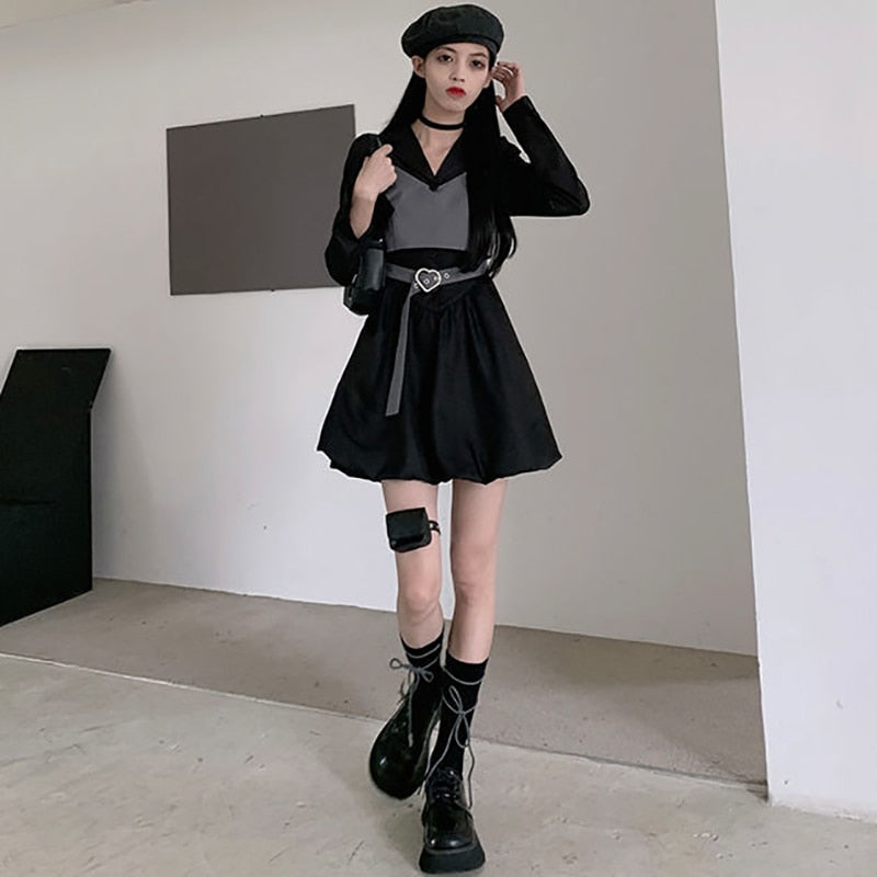 Black Y2K Women Dress Harajuku Casual 2 Pieces Set Vest Long Sleeve Dress Cute New Korean Fashion Summer Female Clothing
