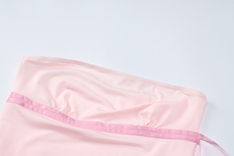 Sexy Strapless Ribbon Ruffles Women Dress Pink Backless High Elastic Dress Female Summer Skinny Hot Spil Party Clubwear