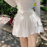 White A-line Skirt Women High Waist Irregular Drawstring Pleated Skirt Korean Version Summer Girly Style All-match Short Skirts