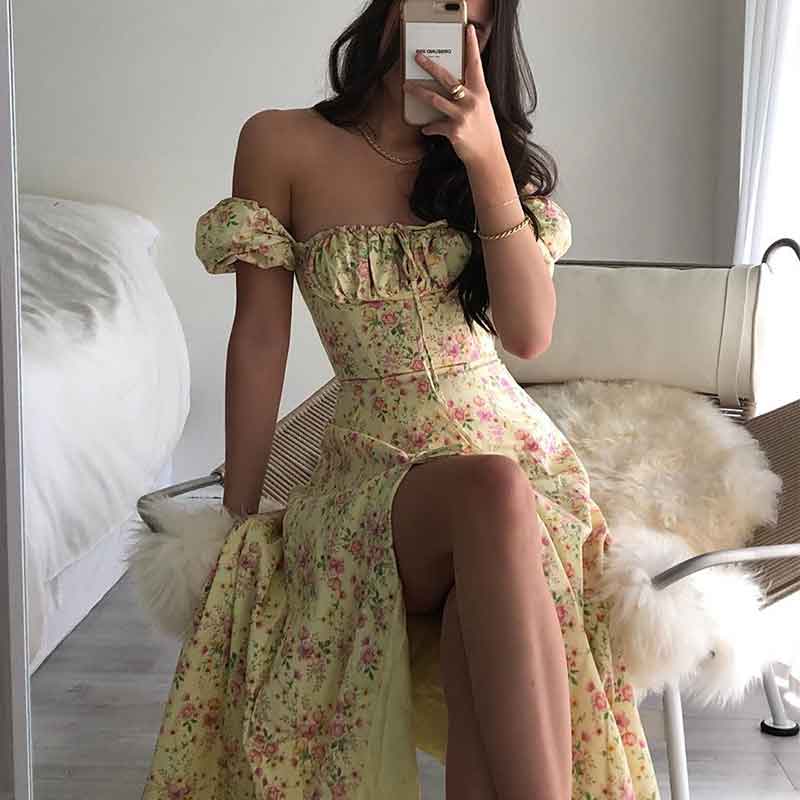 Darianrojas Sexy Floral Print Dress Women Elegant Square Neck Puff Sleeve High Split Long Dress Summer Casual Outfit Party Chic Vestido