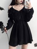 Large Size Gothic Women Black Mini Dress Sexy Off Shoulder High Waist Tunic Ladies Party Dress Long Sleeve V Neck Vestidos