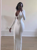 Long Sleeve Maxi Dress Women Elegant White Long Dress Summer Deep V-neck Sexy Black Evening Party Dress Club Outfit  Fashion