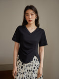 Lady Irregular V-neck Pleated Shoulder Black T-shirt For Women's Summer  Basic White Top For Women