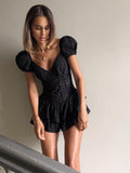 Darianrojas Fashion V Neck Ruffles Pleated Dress Women Puff Sleeve Chic Black Summer Dress Party Hollow Out Vintage Corset Ladies