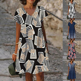 Summer Elegant Women's Abstract Printed Painting Dress V Neck Female Short Sleeves Knee Length New Painting Design Dresses