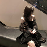 Sexy Off Shoulder Mesh Patchwork Dress Women Fashion Puff Sleeve A Line Mini Black Dress Spring Korean Lady Slim Vestidos