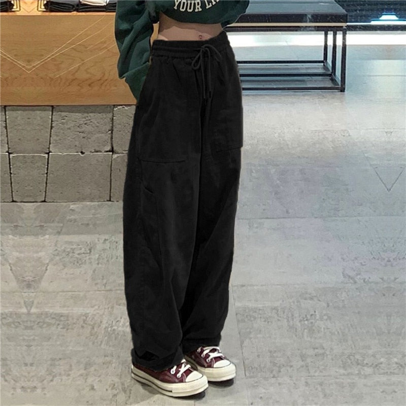 Women Vintage Cargo Pants Casual Solid Color Drawstring Wide Leg Baggy Sweatpants Harajuku Hip Hop Trousers Streetwear Pantalon