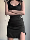 Darianrojas Strappy Satin Ruched Black Dress Mini Lace Spliced Side Split Sexy Dress Female Sundress Backless Ladies Dresses