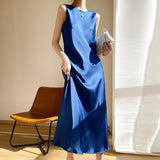 High-End 100 Pure Silk Dress Women's Satin Suspender Long Skirt Mulberry Silk Acetate Slim Fit Round Neck A-Line Skirt