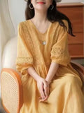 Dress for Women  Summer Solid Color Lantern Sleeve Lace-up Vintage Dress Loose V-Neck Robe Korean Fashion Streetwear