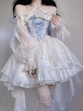 French Romantic Style Lolita Op Elegant Girl Cosplay Princess Puff Sleeve Ribbon Bowknot Flower Tunic Mesh Fantastic Fairy Dress
