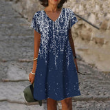 Summer Elegant Women's Abstract Printed Painting Dress V Neck Female Short Sleeves Knee Length New Painting Design Dresses