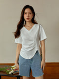 Lady Irregular V-neck Pleated Shoulder Black T-shirt For Women's Summer  Basic White Top For Women