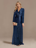 Luxury Long Sleeve V-Neck Evening Dress Party Women Wedding Sequins For Female Guests Blue Prom Cocktail Dresses