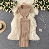 Chic Stripe Elastic Slim Elegant Split Wrap Bodycon Dress Sexy Short Sleeve Casual Lapel Women Fashion Knit Vestido Pencil Dress