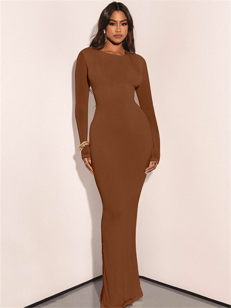 Elegant Solid Knitting Ribbed Evening Dresses For Women Clothes   Long Sleeve O Neck Office Maxi Dress Club Female Wholesale