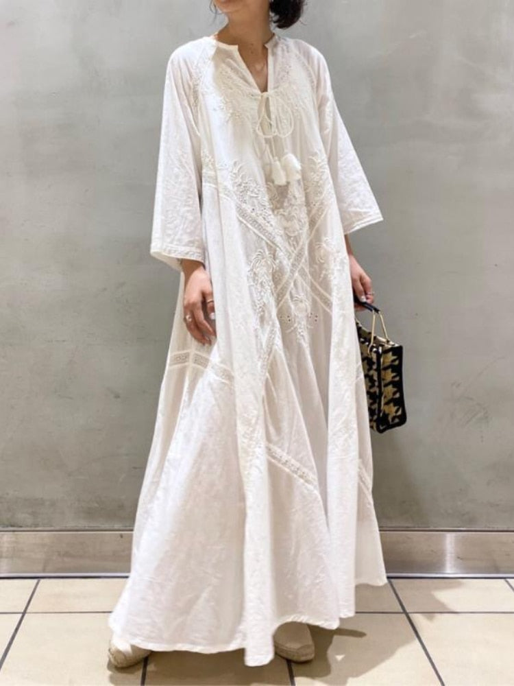 White Casual Long Dress Women Oversize Lace Up Dress Female Loose V Neck Embroidered Dress Ladies Cotton Linen Beach Maxi Dress