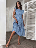 Summer Retro Women's O Neck Sleeveless Midi High Waist Blue Floral A Line Chic Long Dress For Fashion