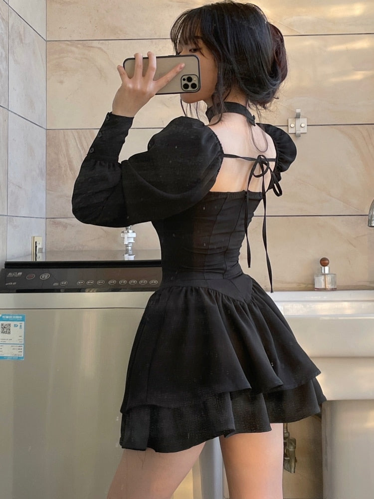 Black Vintage 3 Piece Skirt Set Women Sexy Lolita Y2k Mini Skirt Suit Female Casual Korean Fashion Long Sleeve Retro Set