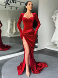 Elegant Padded Slit Evening Club Gown For Women Gloves Sleeve Velvet Long Dress Outfits Sexy Maxi Dresses Ruched Dresses